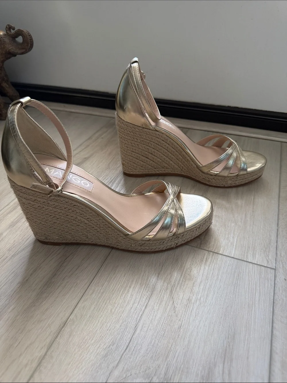 Mango | Metallic Gold Wedge Sandals with Ankle Strap